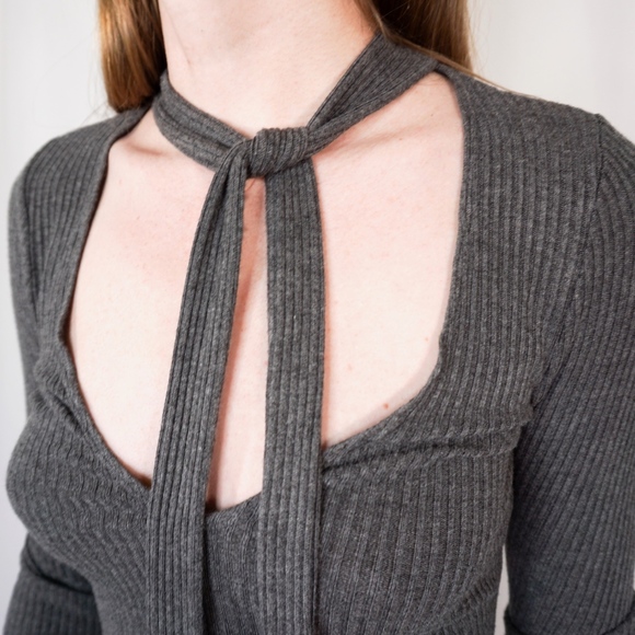 BRANDY MELVILLE Rib Gray Plunge Neck Tie Top NWT - Picture 7 of 8